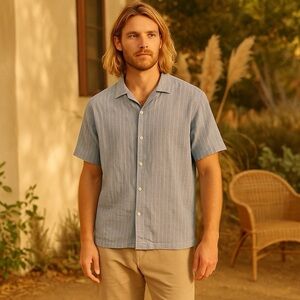 Folk Men's Harris Linen Blend Blue Striped Button Down Shirt